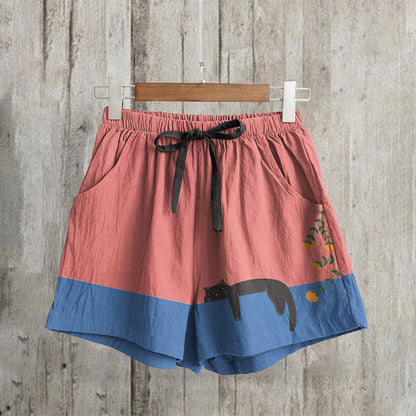 Abstract Creative Lazy Black Cat Painting Art Linen Shorts elevenforest
