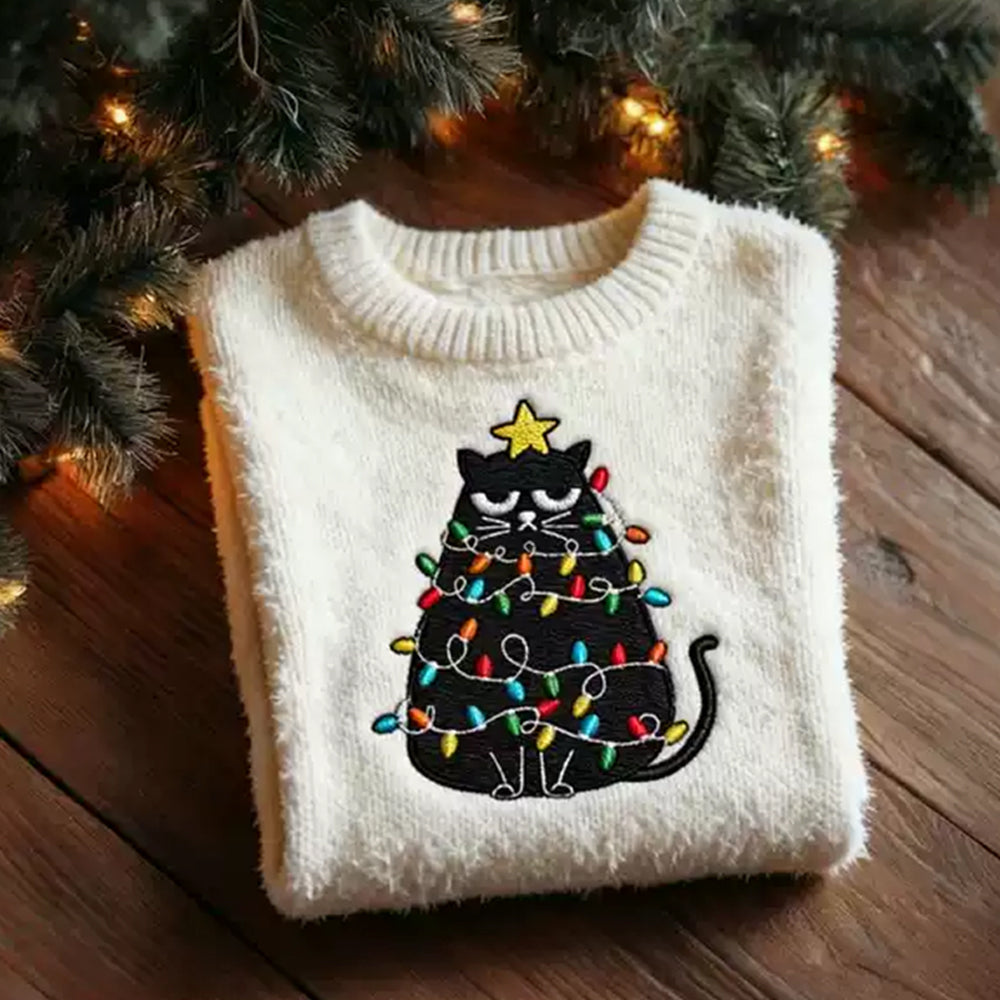 Merry Christmas Cat Christmas Tree Round Neck Sweater elevenforest