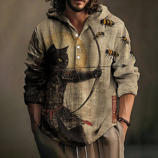 Men's Black Cat Tribal Warrior Japanese Kyudo Hooded Shirt elevenforest