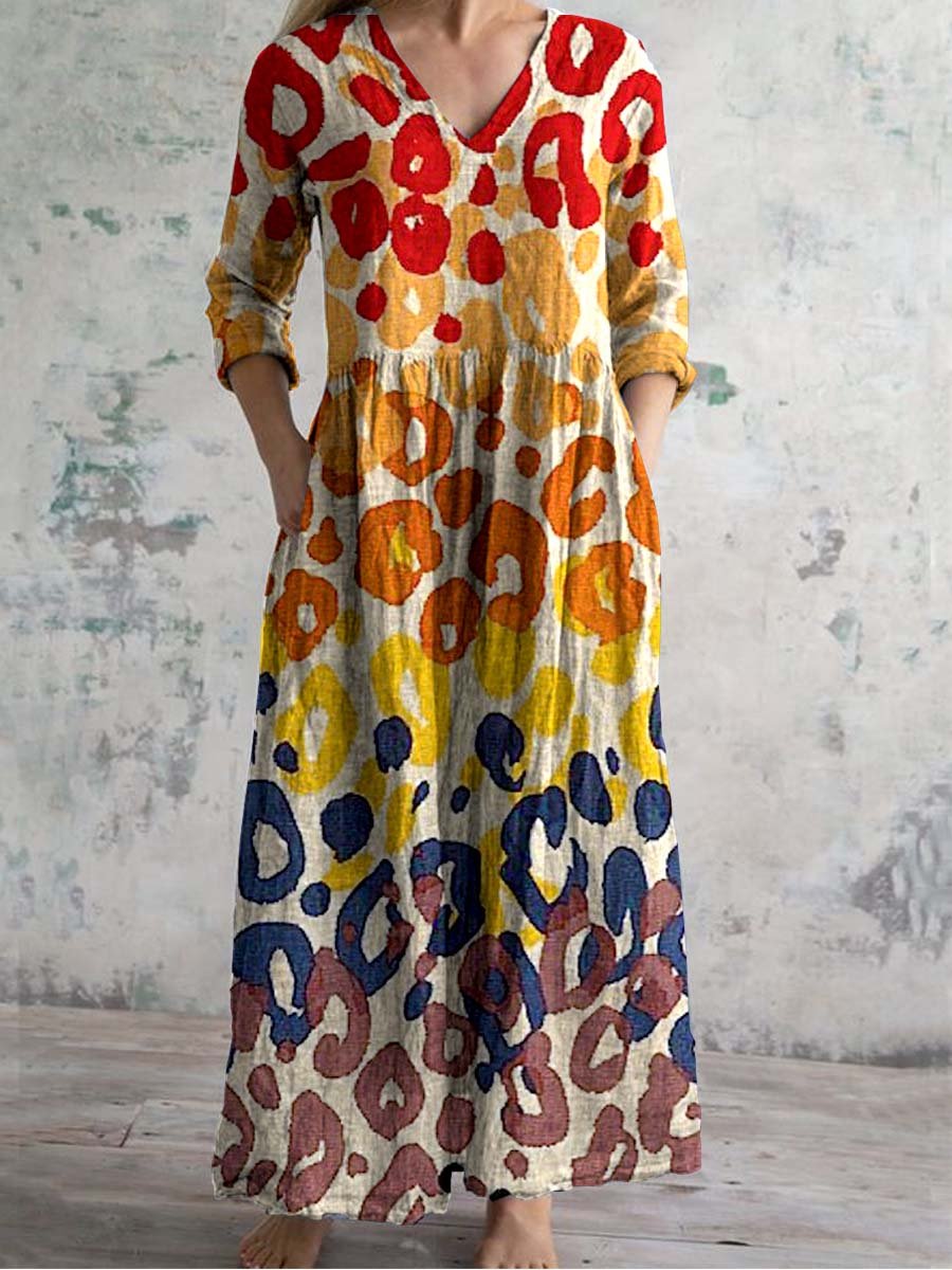 Women's Leopard Print Ombre Cotton and Linen Dress With Pockets