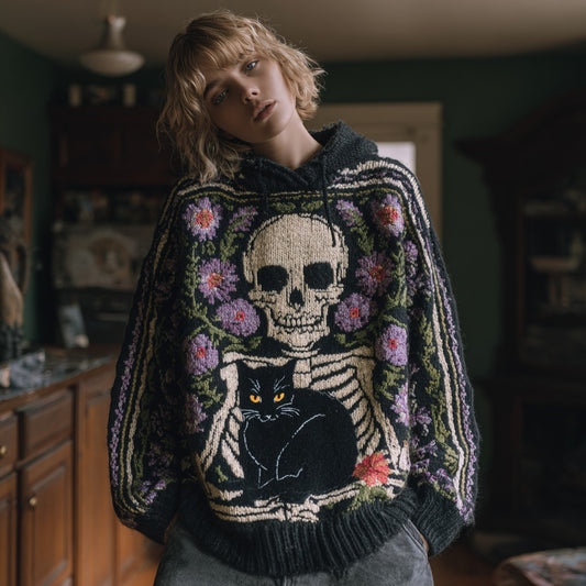 Women's Skull And Black Cat Knitted Jacquard Hooded Sweater elevenforest