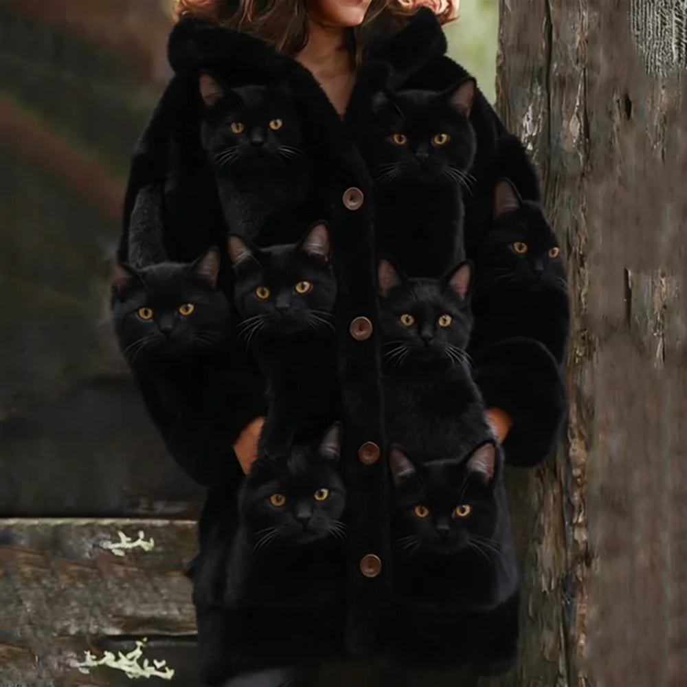 Comstylish Probe Cat Fleece Hooded Cardigan Long Sweater