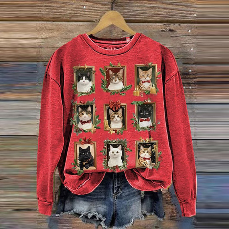 Women's Merry Christmas Cats Printed Sweatshirt elevenforest