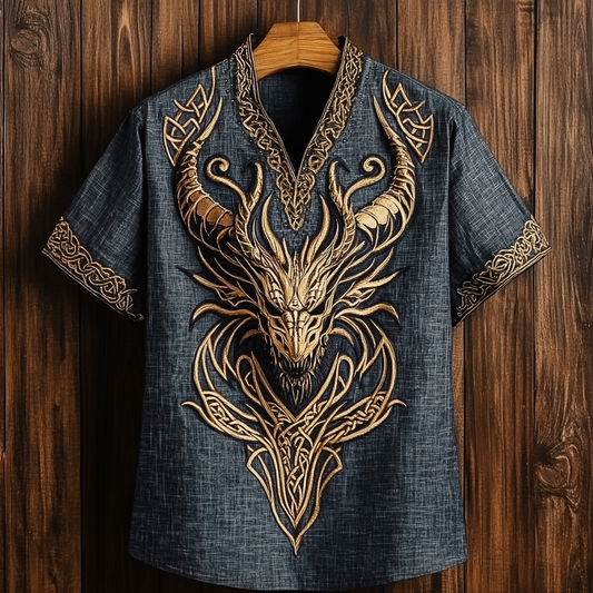 Men's Tribal Viking Dragon Celtic Art Linen V-neck T Shirt artswardrobe