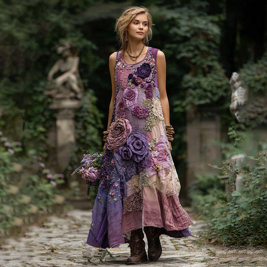 Classy Gradient Purple Lavender And Floral Embroidered Linen Maxi Dress artswardrobe