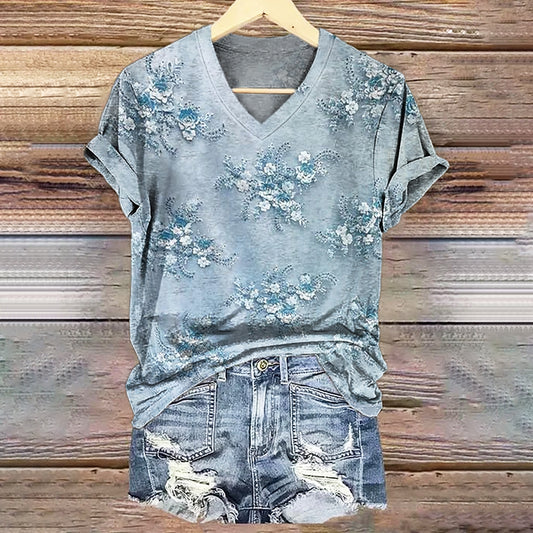 Women's Floral Texture Art Print V-neck Casual T-Shirt