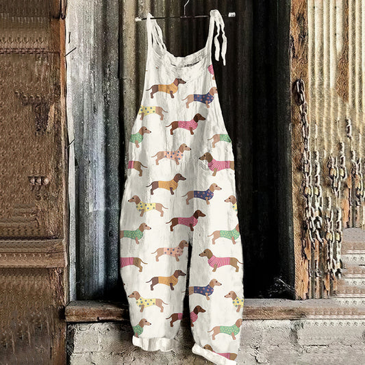 Women's Vintage Dachshund Casual Linen Jumpsuit artswardrobe