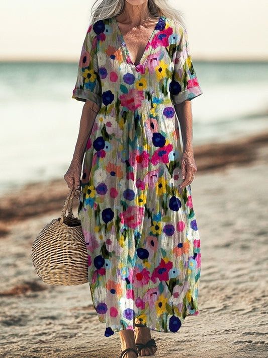 Women's Watercolor Floral Art Print Pocket V-neck Cotton Dress