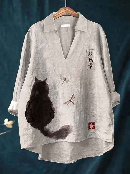 Japanese Art Cat Print Linen Shirt artswardrobe