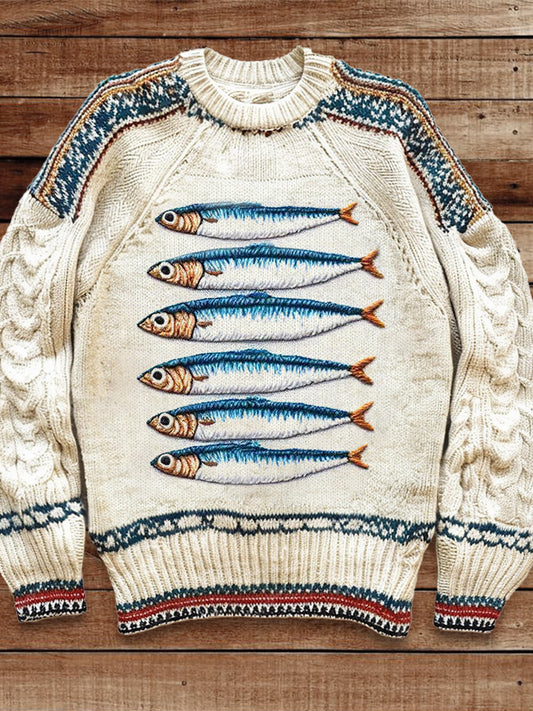 Sardines Embroidered Cozy Soft Knit Sweater artswardrobe