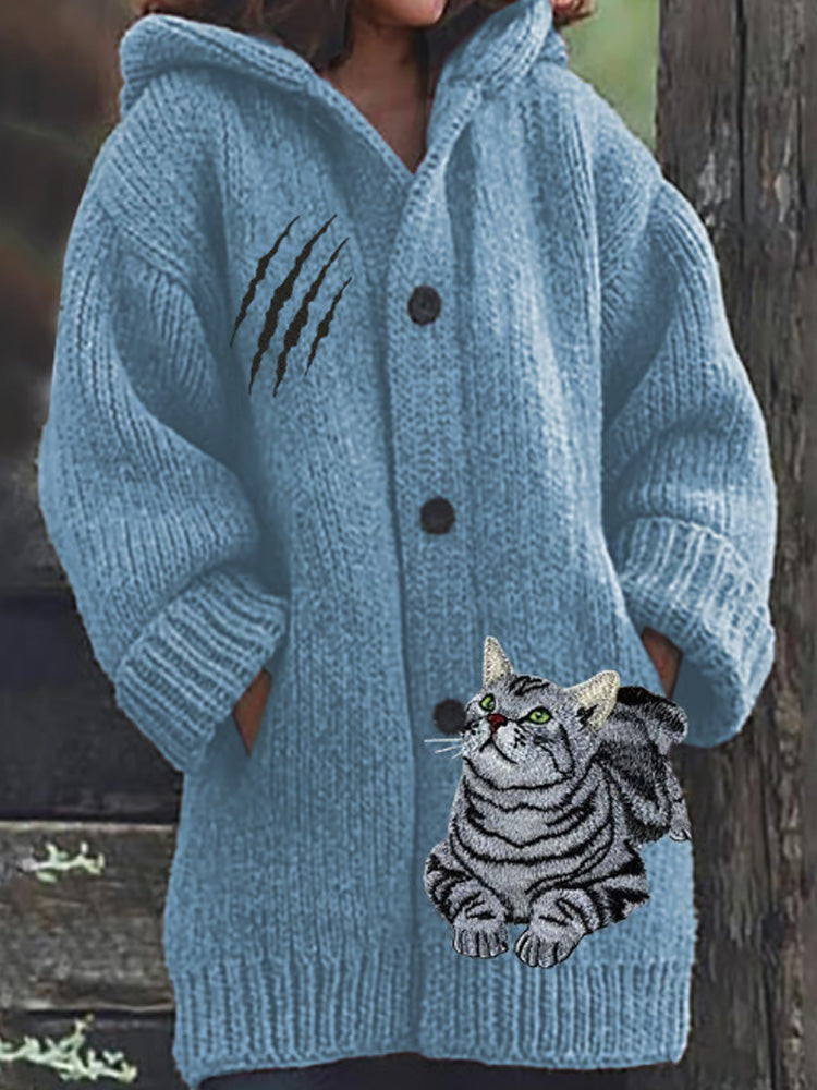 Women's Retro Funny Animal Cat Print Cozy Knitted Hoodie Jacket elevenforest