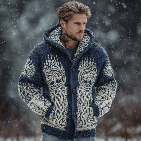 Men's Viking Celtic Knot Tree Of Life And Bear Paw Art Knit Button Hooded Sweater elevenforest