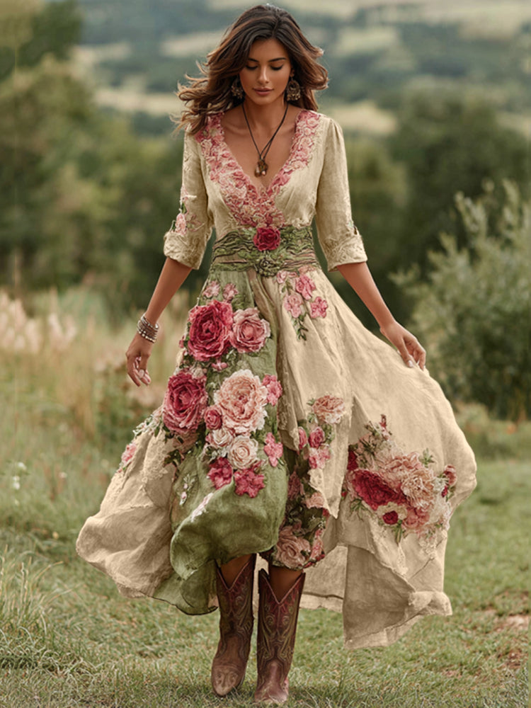 Women's Vintage Floral Art V Neck Linen Blend Maxi Dress artswardrobe