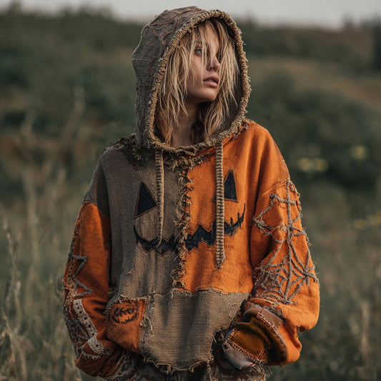 Comstylish Halloween Pumpkin Face Patchwork Design Cozy Hoodie
