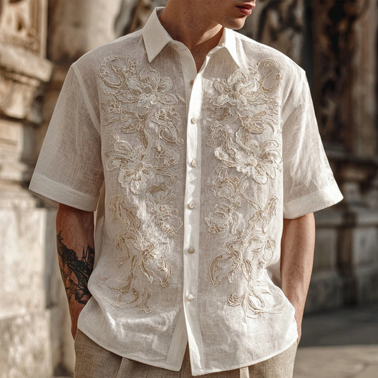 Men's Floral Lace Embroidered Short Sleeve Linen Shirt artswardrobe