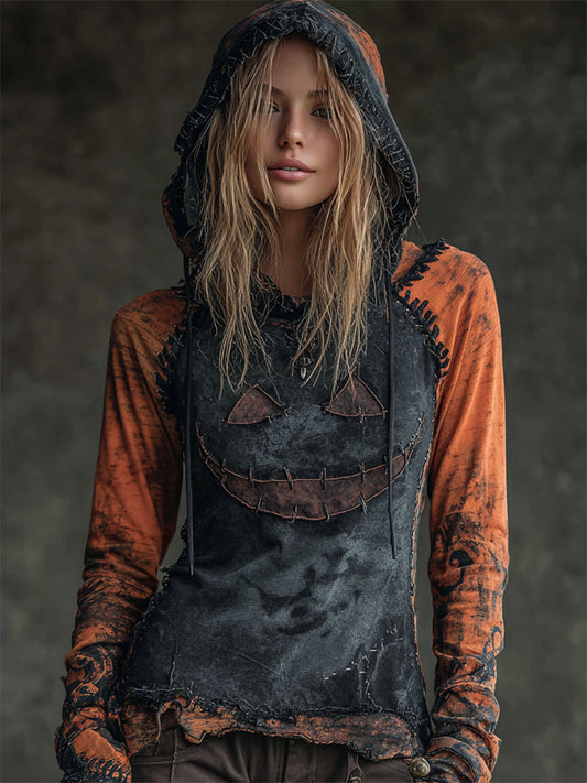 Comstylish Halloween Spooky Face Contrast Stitched Washed Hoodie