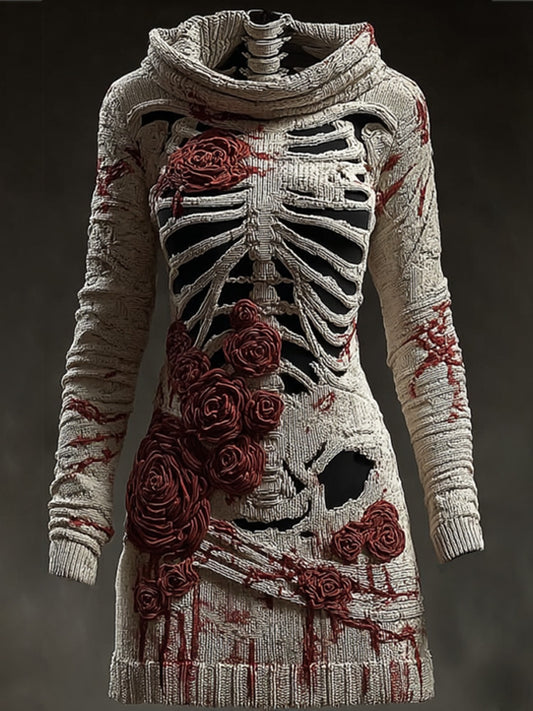 Comstylish Halloween Skull Floral Knitted Warm Hooded Sweater