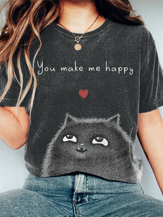 Comstylish Women's Fluffy Cat Print Vintage Short Sleeve T-Shirt