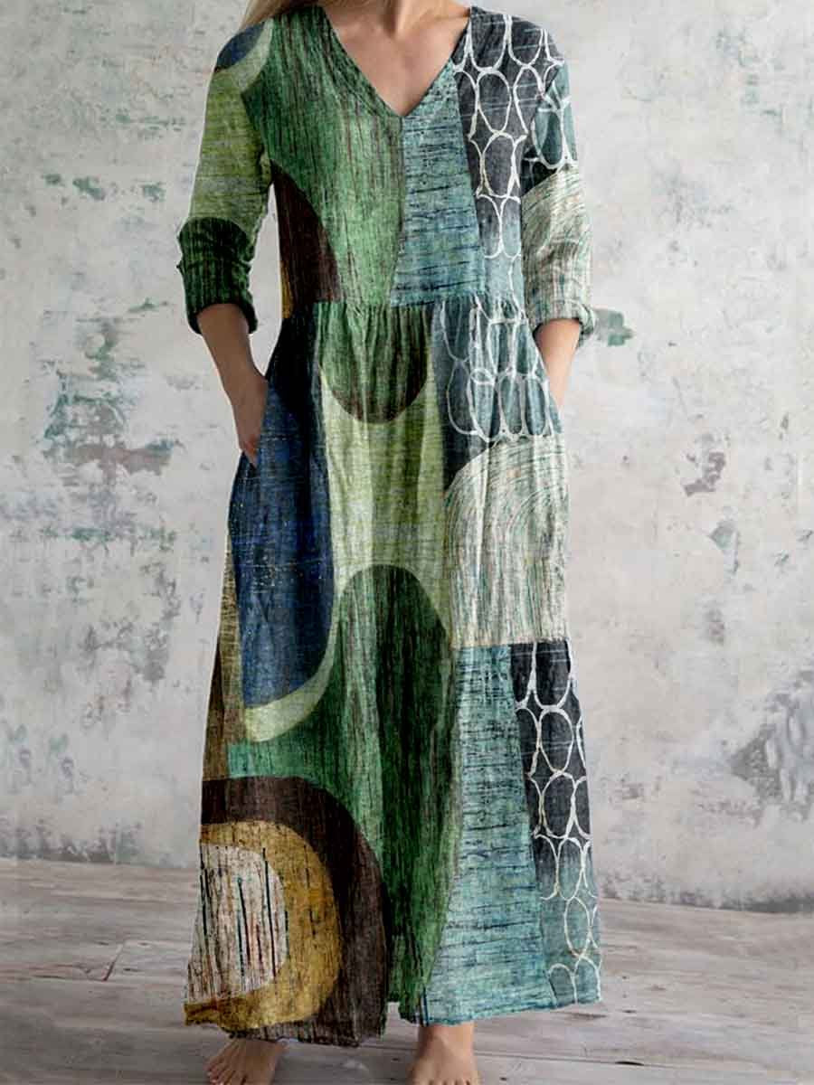 Women's Art Geometric Textured V-Neck Cotton and Linen Dress with Pock