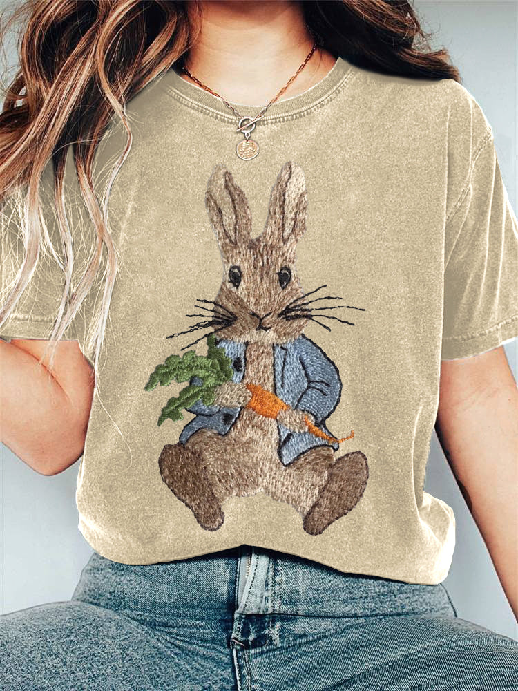 Cute Bunny Embroidery Pattern Casual T-Shirt artswardrobe