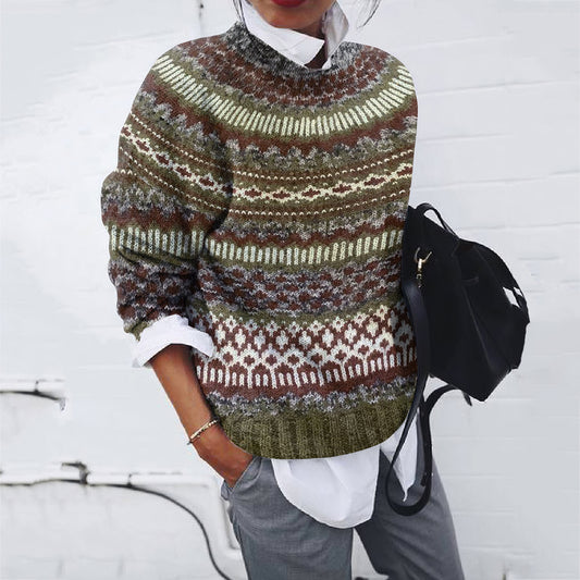 Vintage Wool Geometric Contrast Crew Neck Sweater elevenforest
