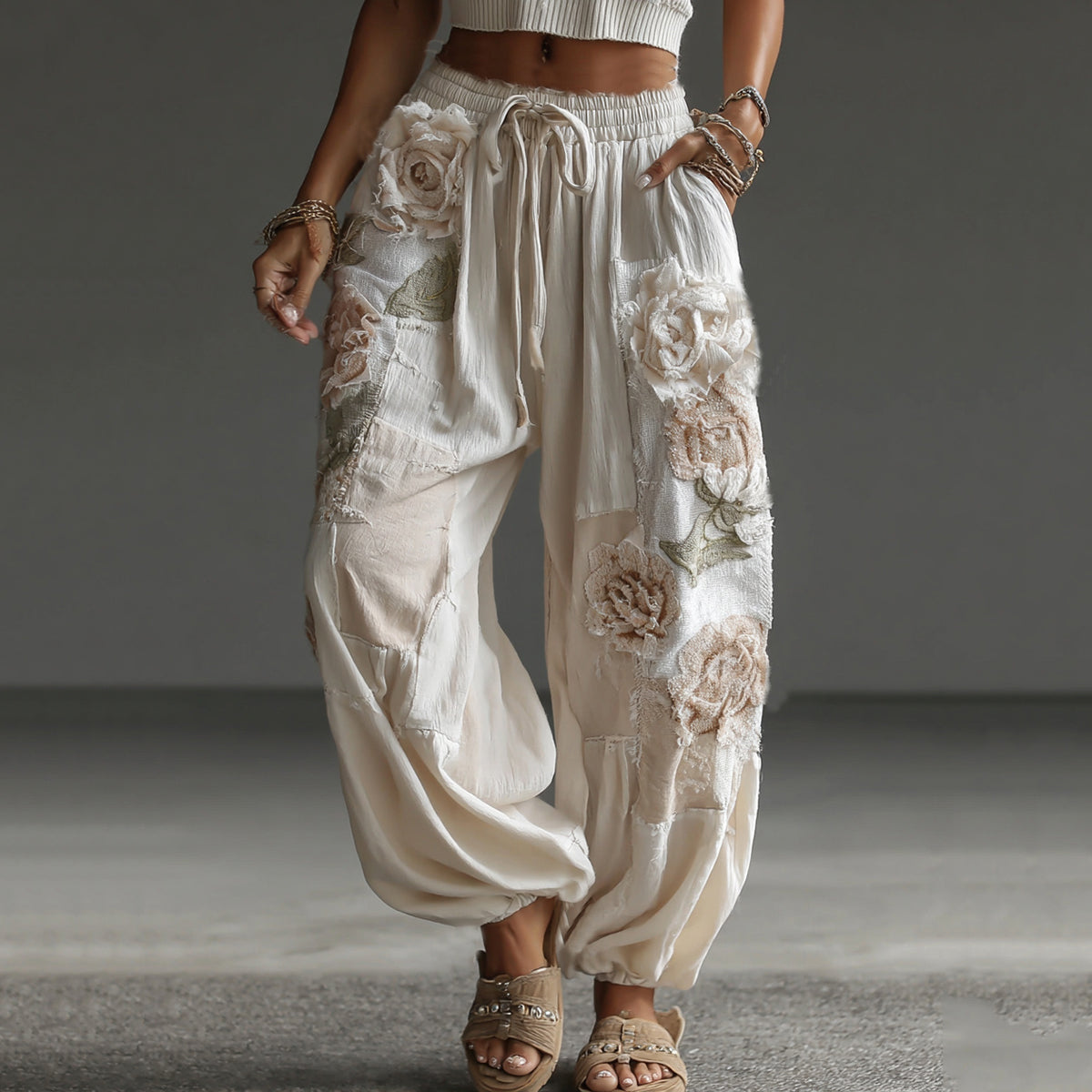 Women's Retro Floral Patchwork Art Casual Linen Pants