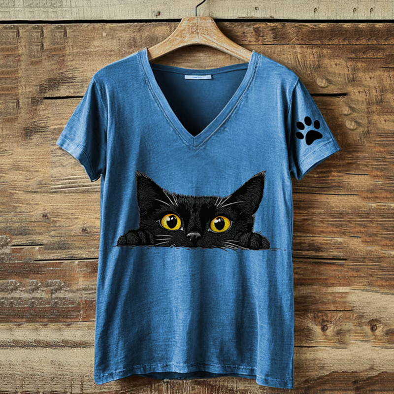 Comstylish Abstract Creative Cute Cat Printed V Neck T-shirt