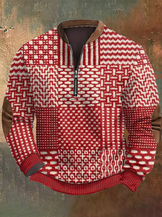 Men's Retro Western Textured Print Zip Collar Sweatshirt elevenforest