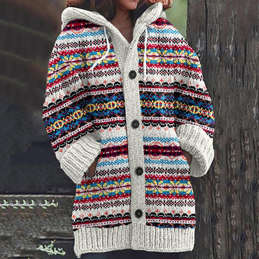 Vintage Iceland Knitted Print Hooded Cardigan Sweater elevenforest