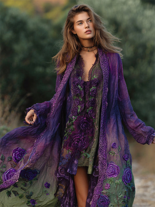 Vintage Purple Roses Embroidered Dyed Flowy Linen Cardigan artswardrobe
