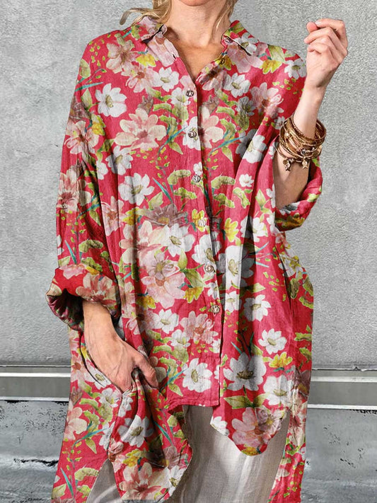 Women's Art Elegant Rose Floral Pattern Cotton Shirt