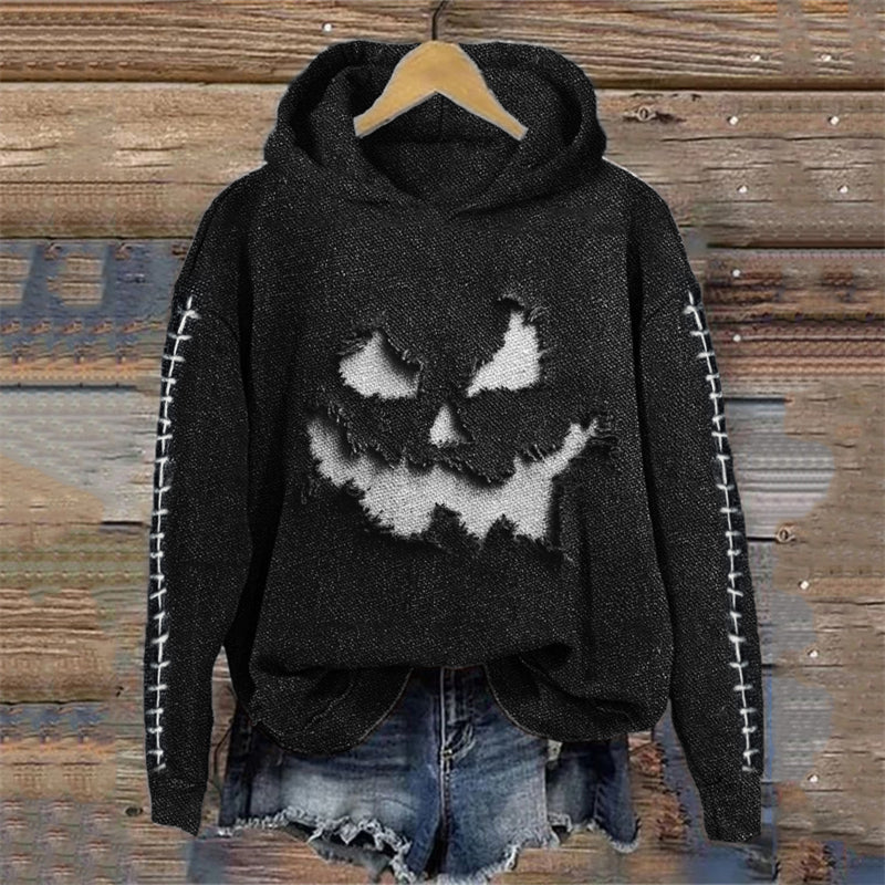 Comstylish Halloween Pumpkin Face Frayed Stitched Embroidered Cozy Hoodie