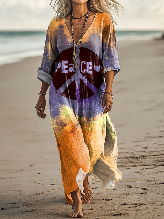 Women's Hippie Peace Art Print Pocket Cotton Dress