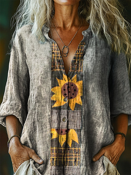 Women's Vintage Sunfloral Art Print Casual Cotton Linen Shirt