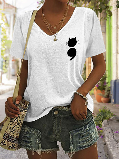 Cat Semicolon Mental Health Awareness V Neck T Shirt elevenforest