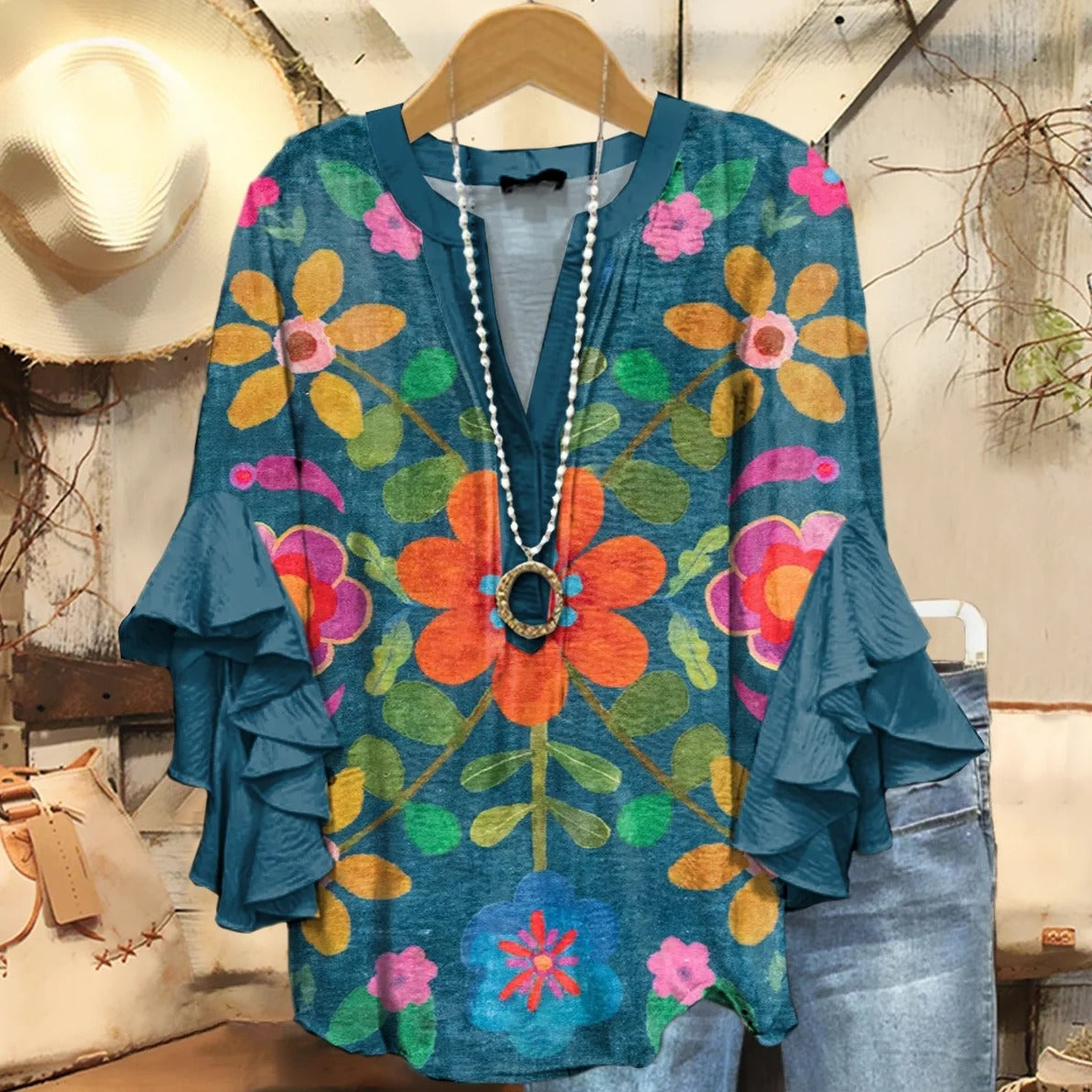 Women's Bohemian Floral Art Print Casual Ruffle Sleeve Top