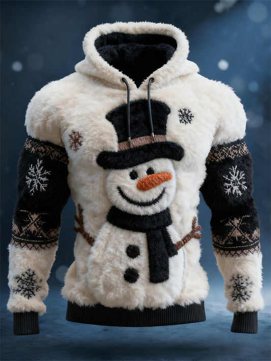 Comstylish Men's Christmas Snowman Snowflakes Contrast Cozy Plush Hoodie