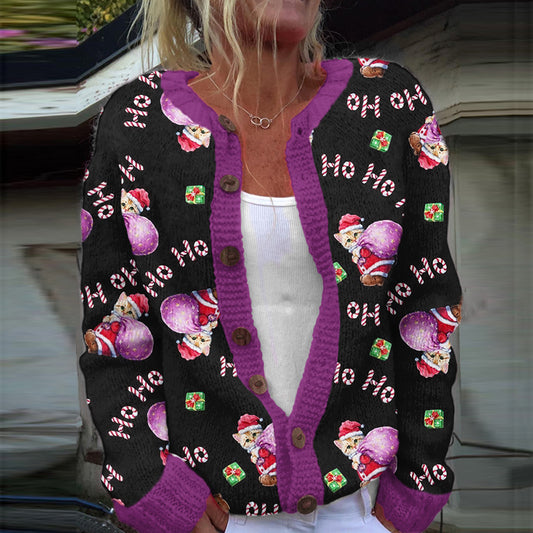 Ho Ho Ho Cute Cat Christmas Gift Contrast Color Women's Sweater Cardigan elevenforest