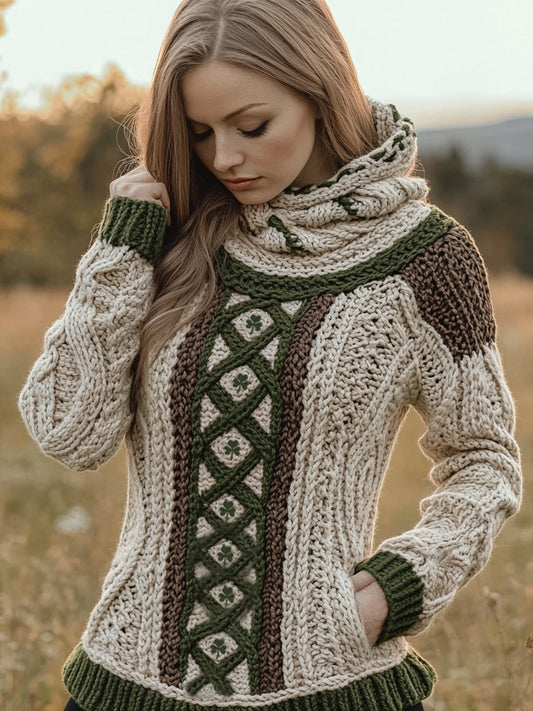 Women's Irish Celtic Knotted Jacquard Pocket Ireland's Hooded Sweater artswardrobe