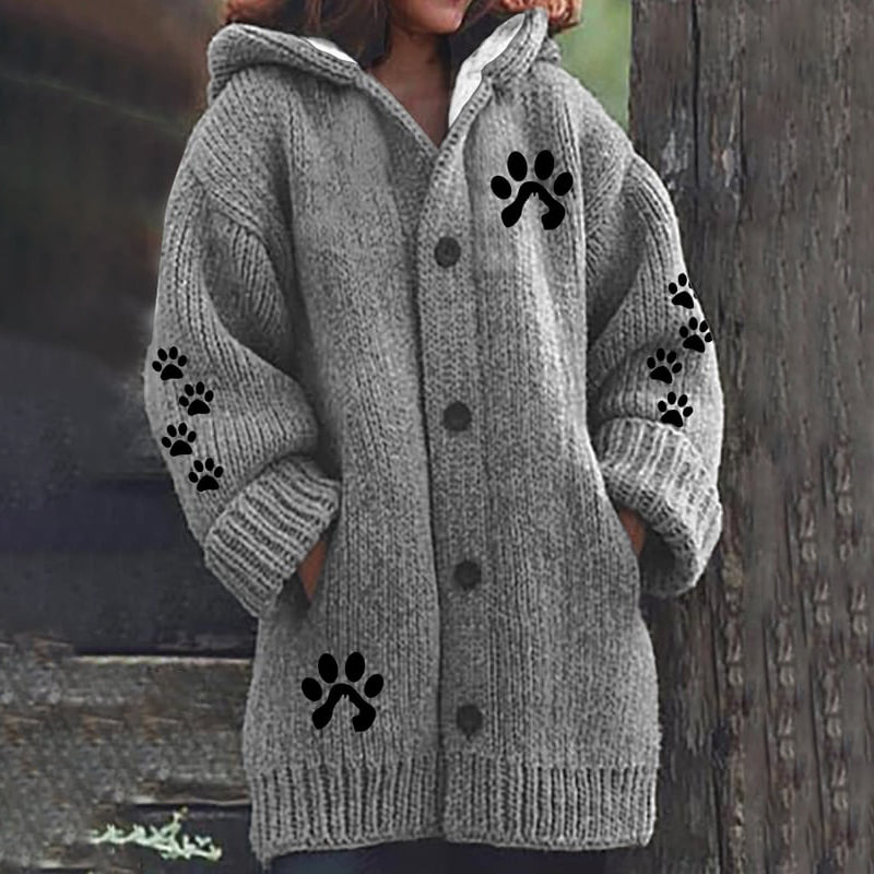 Comstylish Cute Paw Print Long Sleeved Knitted Hooded Cardigan