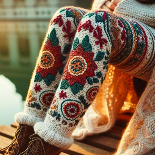 Vintage Colorblock Crochet Patchwork Floral And Leaf Cozy Knit Leggings elevenforest