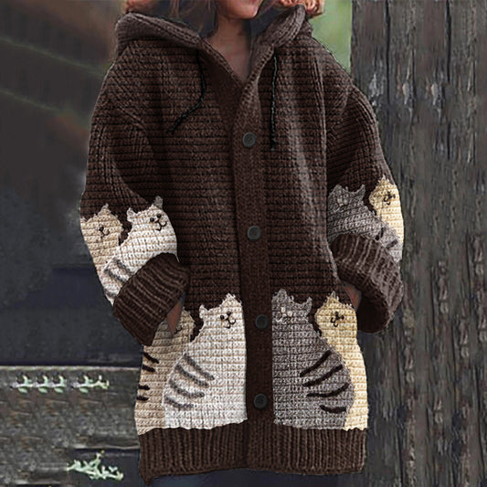 Vintage Cat Embroidery Art Print Cozy Button Sweater elevenforest