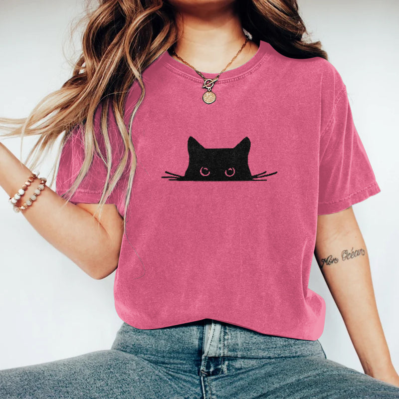 Abstract Creative Embroidered Black Cat Art Print  T-shirt elevenforest