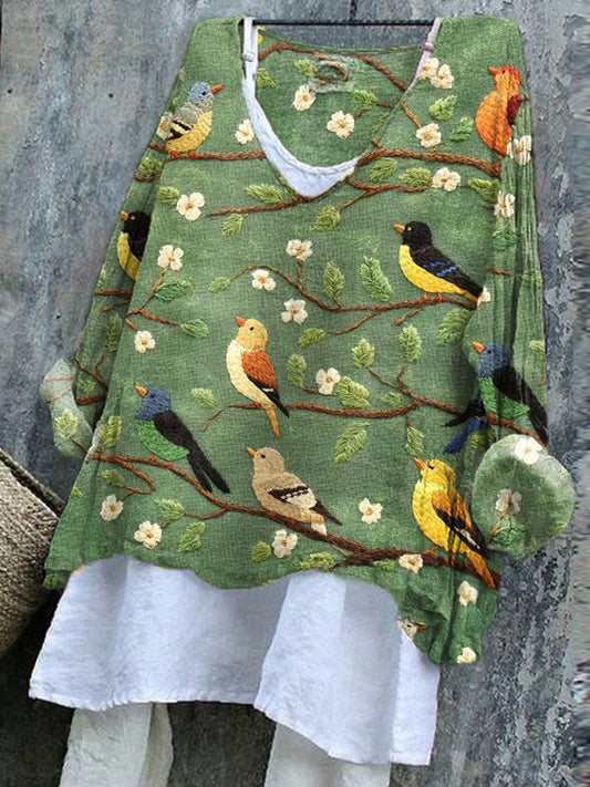 Women's Flower And Bird Embroidery Art Linen Blend Shirt artswardrobe