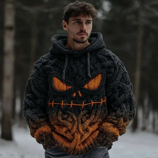 Men's Halloween Spooky Face Gradient Inspired Knitted Cozy Hooded Sweater elevenforest