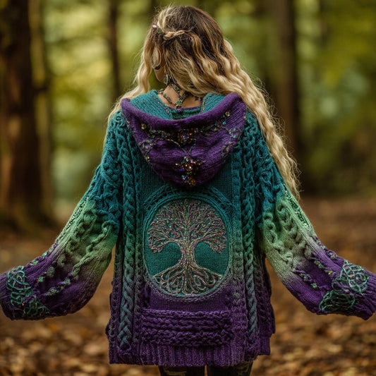 Women's Vintage Viking Tree Of Life Gradient Art Knit Zipper Cardigan Sweater artswardrobe