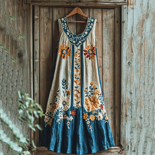 Women's Retro Floral Contrast Tank Maxi Dress artswardrobe