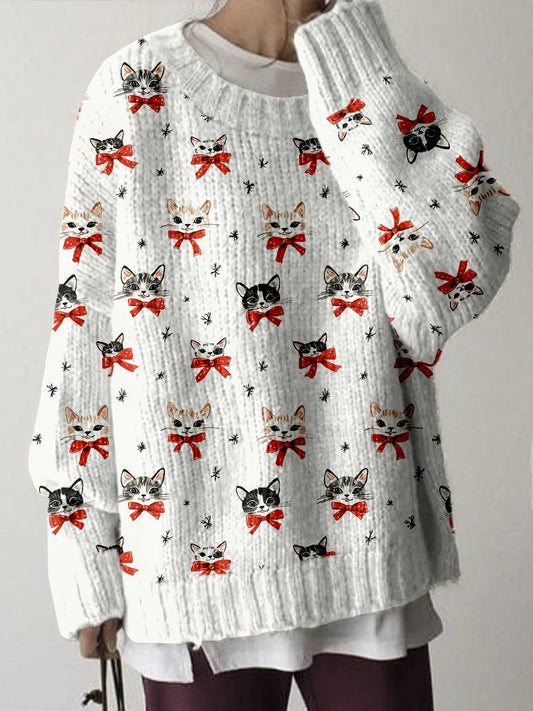 Cute Christmas Cat Pattern Cozy Knit Sweater elevenforest