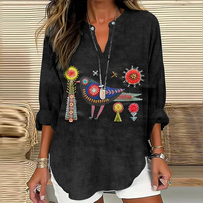 Women's Floral And Bird Embroidery Art Pattern Cotton And Linen V-neck Shirt artswardrobe