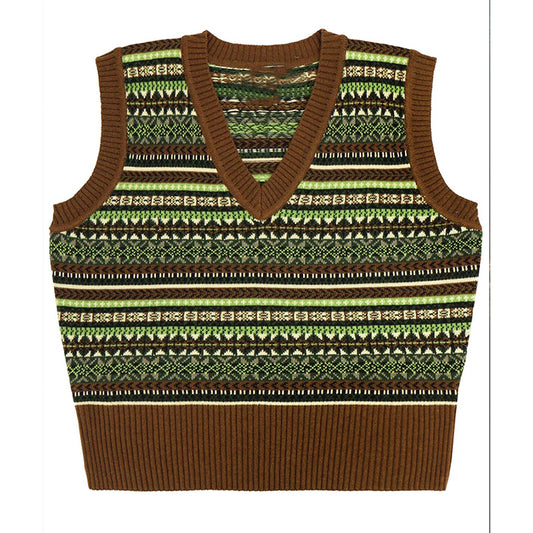 Vintage Geometric Pattern Icelandic Knitted V-Neck Sweater elevenforest